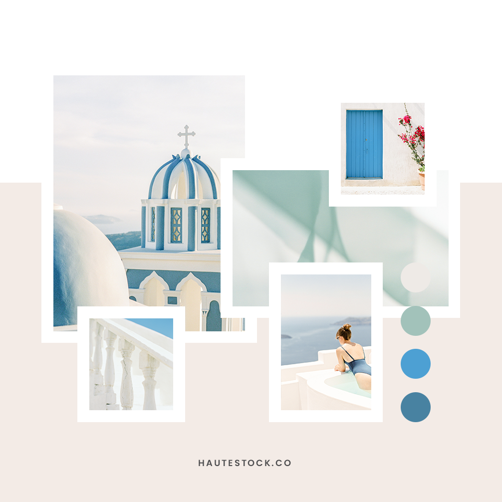 Blues, teals, whites and creams featured in Haute Stock's Blue Santorini collection filled with travel styled stock photography.