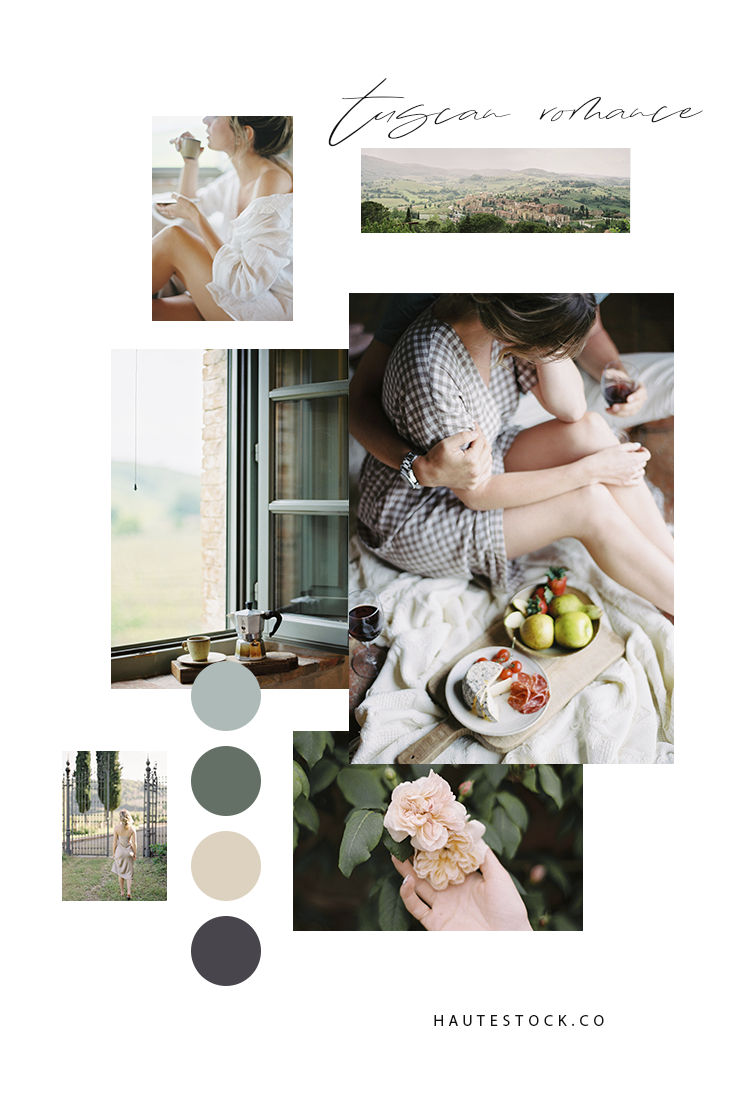 Rich green, beige, black and white travel styled stock photography featuring a couple in Tuscany.