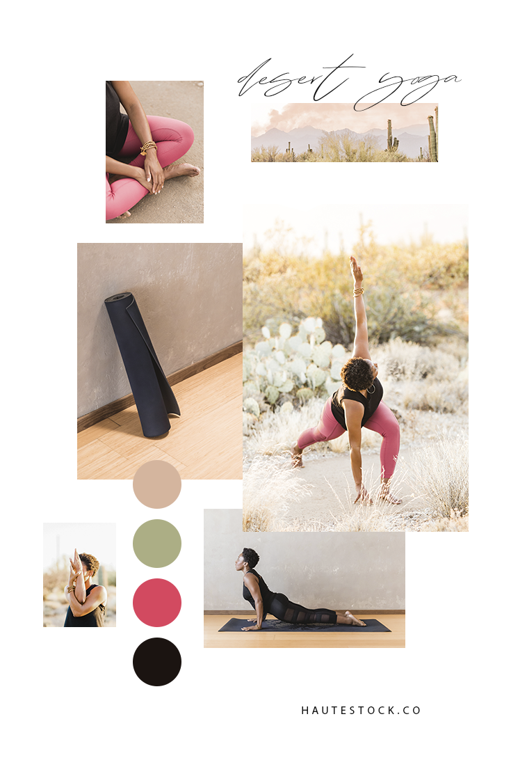 Pink, green, black & tan fitness and health images for female entrepreneurs featuring yoga in the desert.