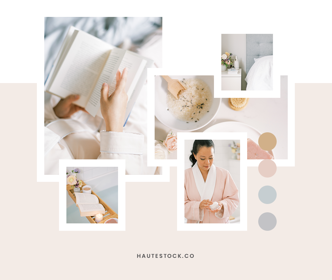 Blush pink beauty stock photos. Soft beauty and self-care imagery. Feminine styled stock photos for health and wellness brands, beauty brands, lifestyle bloggers and more from Haute Stock. Spa at home,  pretty bath with rose petals and book images f…