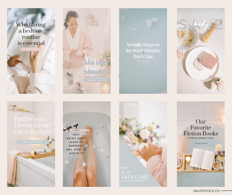 Soft blue and blush pink beauty, spa, self-care and wellness photos for Instagram, Pinterest pins, blog post graphics and websites from Haute Stock.