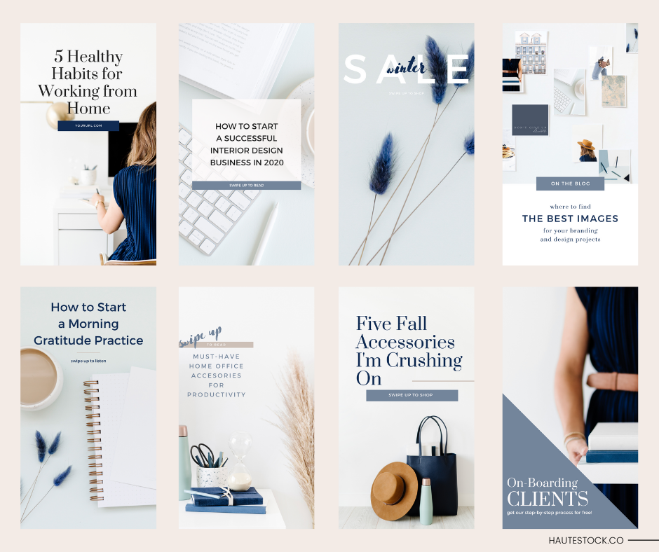 Beautiful blue styled stock photos of a feminine, modern, minimal home office and blue marketing graphics that you can create with Haute Stock styled stock images and Canva.