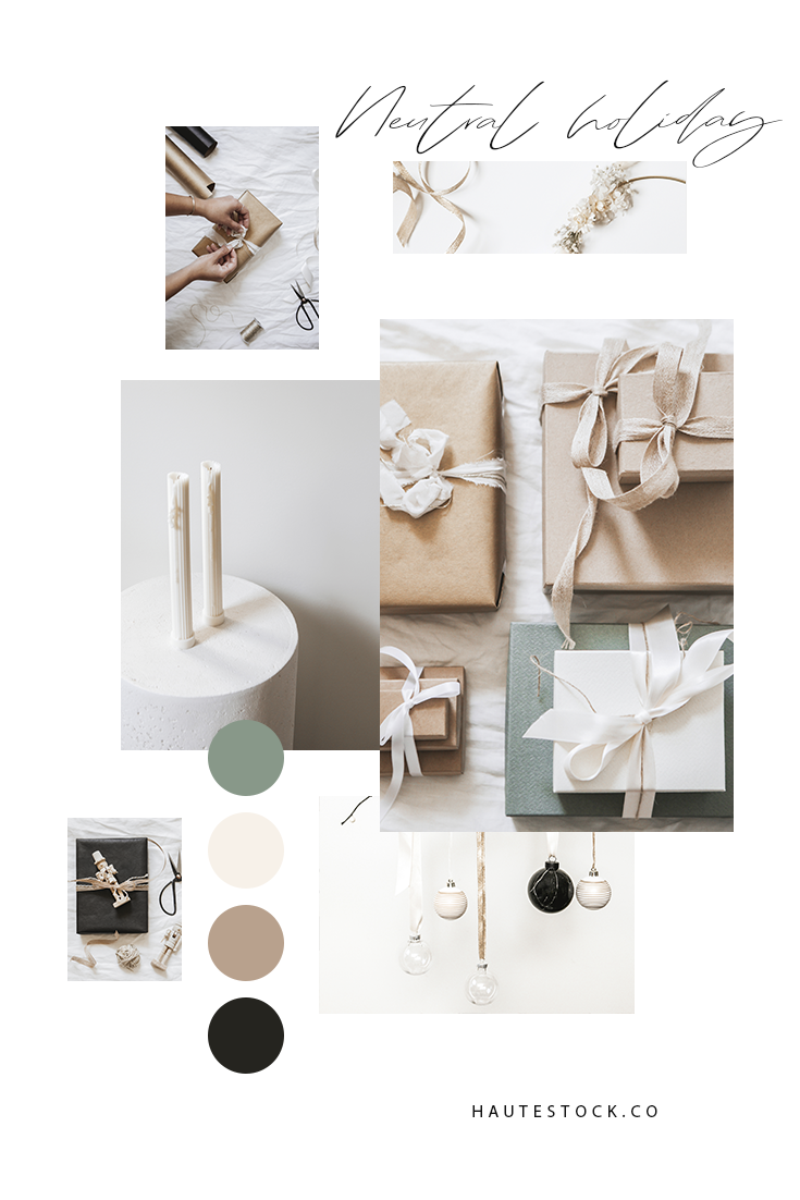 Gift wrapping & holiday decor styled stock photography in green, neutrals and black for a modern holiday.