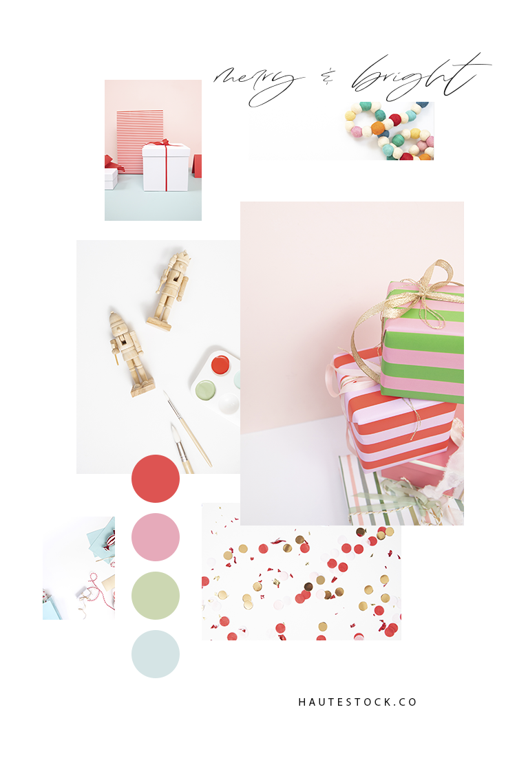 Colorful holiday gift wrapping station and fun workspace images in red, pink, green and blue for female entrepreneurs.