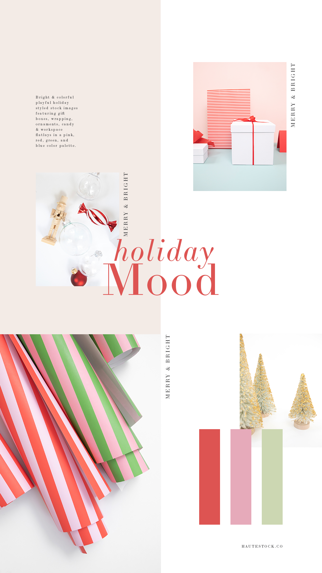 Bright & colorful playful holiday styled stock images featuring gift boxes, wrapping, ornaments, candy & workspace flatlays in a pink, red, green and blue color palette.