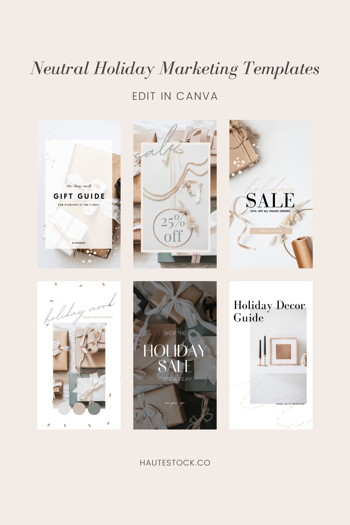 Have holiday promotions you want to market on Instagram? With Haute Stock's Neutral Holiday Marketing Templates you can easily customize the fonts, colors, and images to suit your brand. Start with a professionally designed template and then edit to…