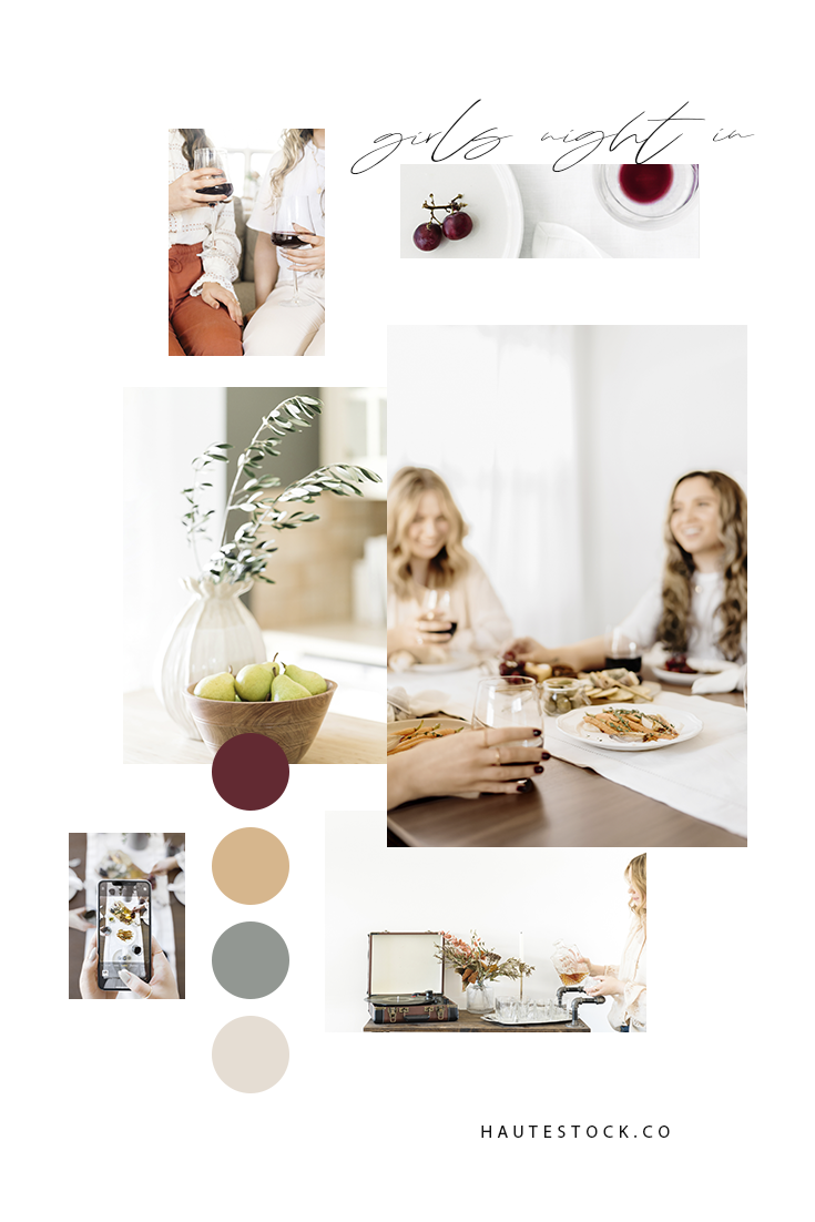 Girl's enjoying wine, having dinner, playing music on the record and enjoying company in a color palette of wine red, green, orange and neutral.