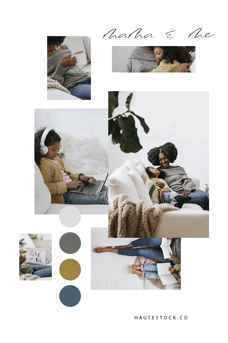 Modern, Motherhood, lifestyle, workspace images in a grey, gold and blue color palette. Perfect for working from home and doing school online imagery.
