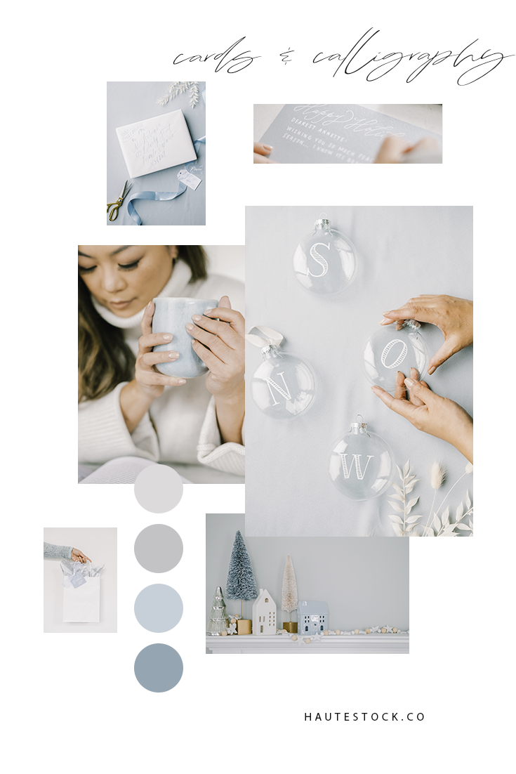 Letter writing, holiday decor & gift bag styled stock photography in a blue, grey and white color palette for female entrepreneurs.