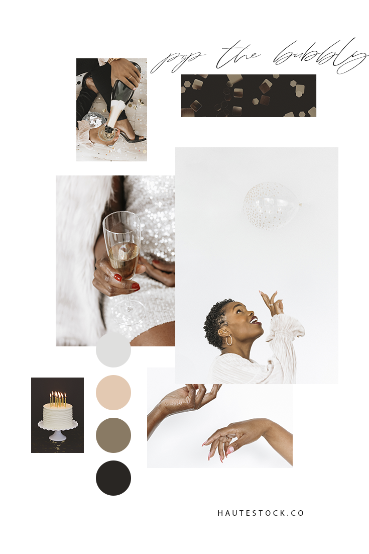Celebration, bubbly, cake, sparkly dresses, confetti and glitter styled stock photography. Black women celebrating New Years eve with their girlfriends, lifestyle stock photos from Haute Stock.