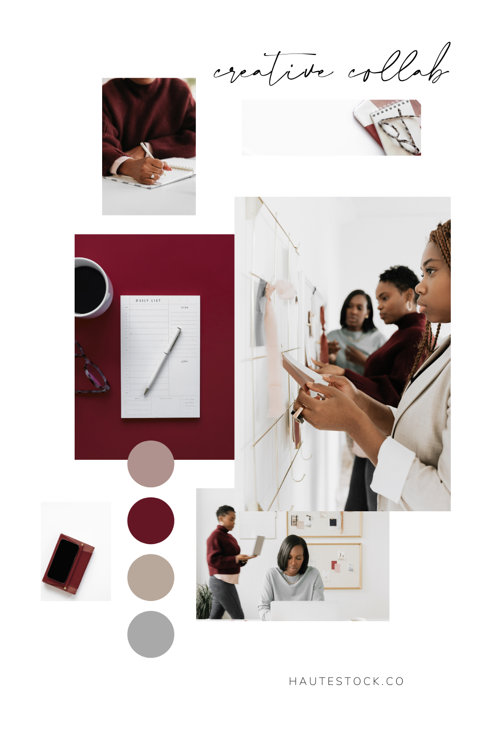 Styled stock images of women collaborating, workspace flatlays, women creative planing and tech mockups in a burgundy, grey and dusty pink colors.