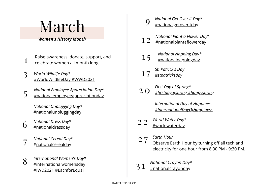 March micro holiday calendar for ideas for what to post on social media for your business.