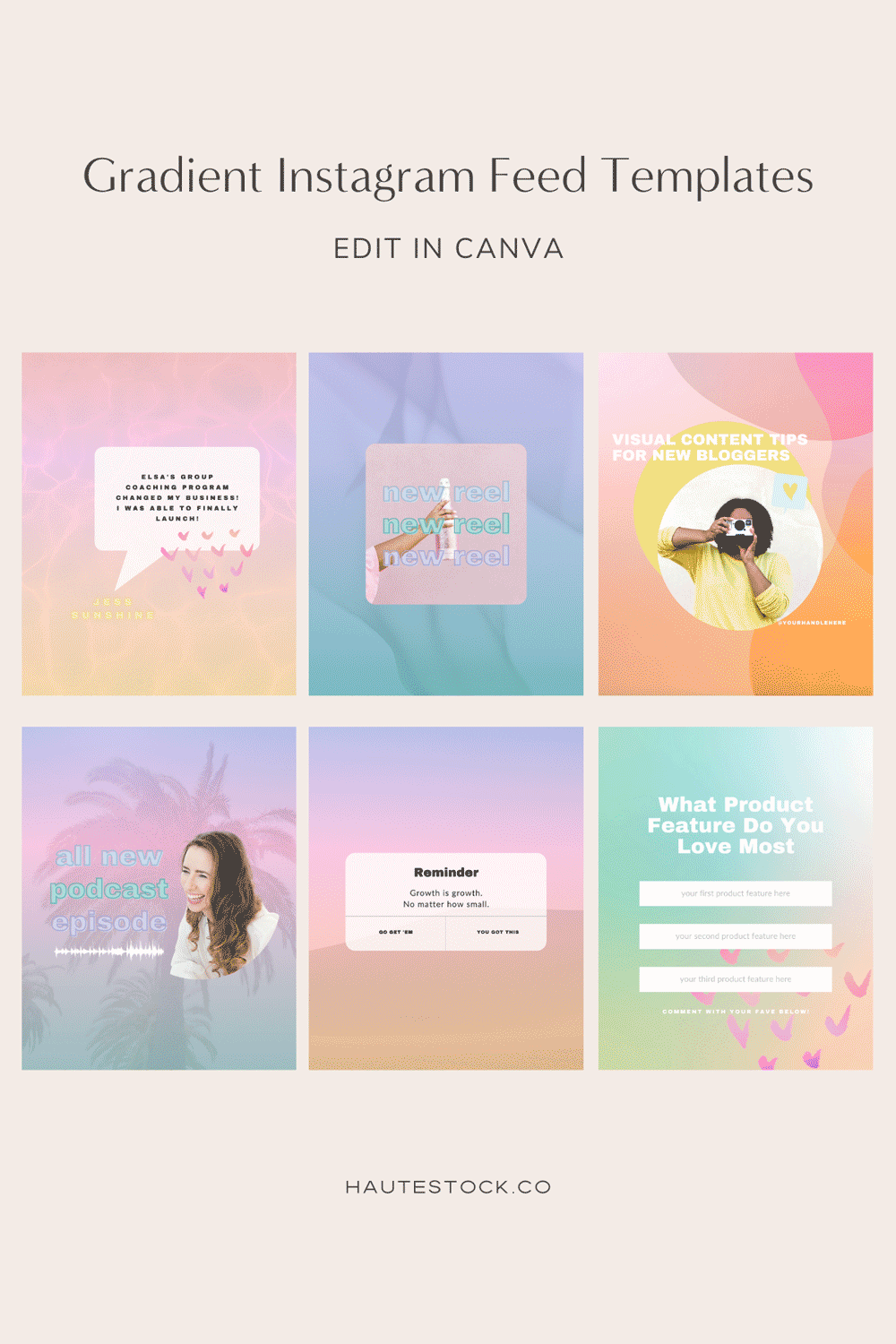 Pastel gradient social media graphics to edit in Canva. Create beautiful, eye-catching and trendy Instagram posts, Reels covers, and graphics with these editable Canva templates from Haute Stock!