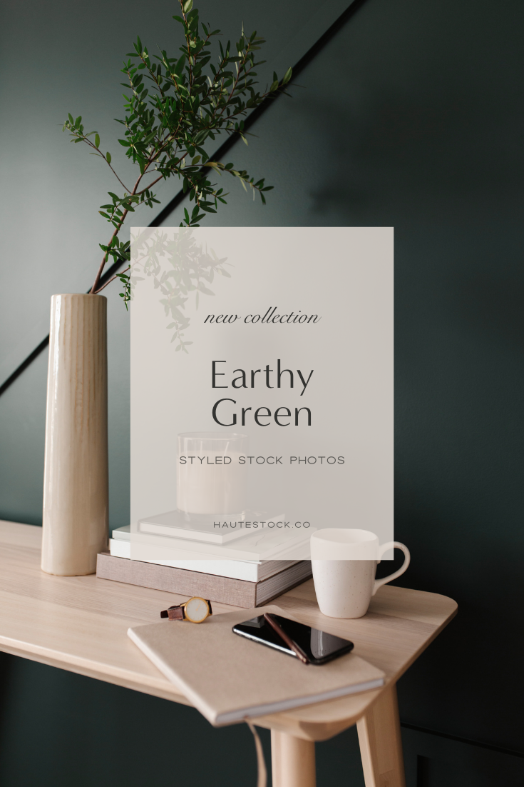 Haute Stock earthy green office workspace styled stock photography featuring greenery, neutral desk, coffee mug, notebooks, candle, watch and phone.