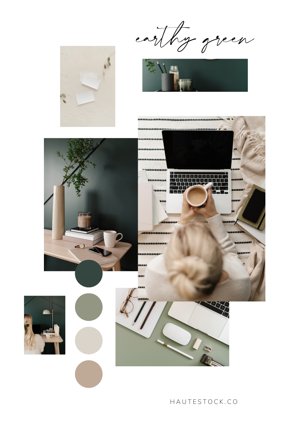 Earthy green workspace home office images featuring neutral styled workspaces and woman typing on laptop, workspace flatlays, home office styling.
