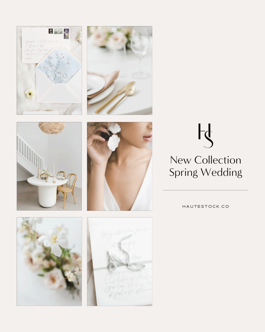 Spring wedding imagery featuring delicate tablescapes, floral arrangements and stationery mockups.