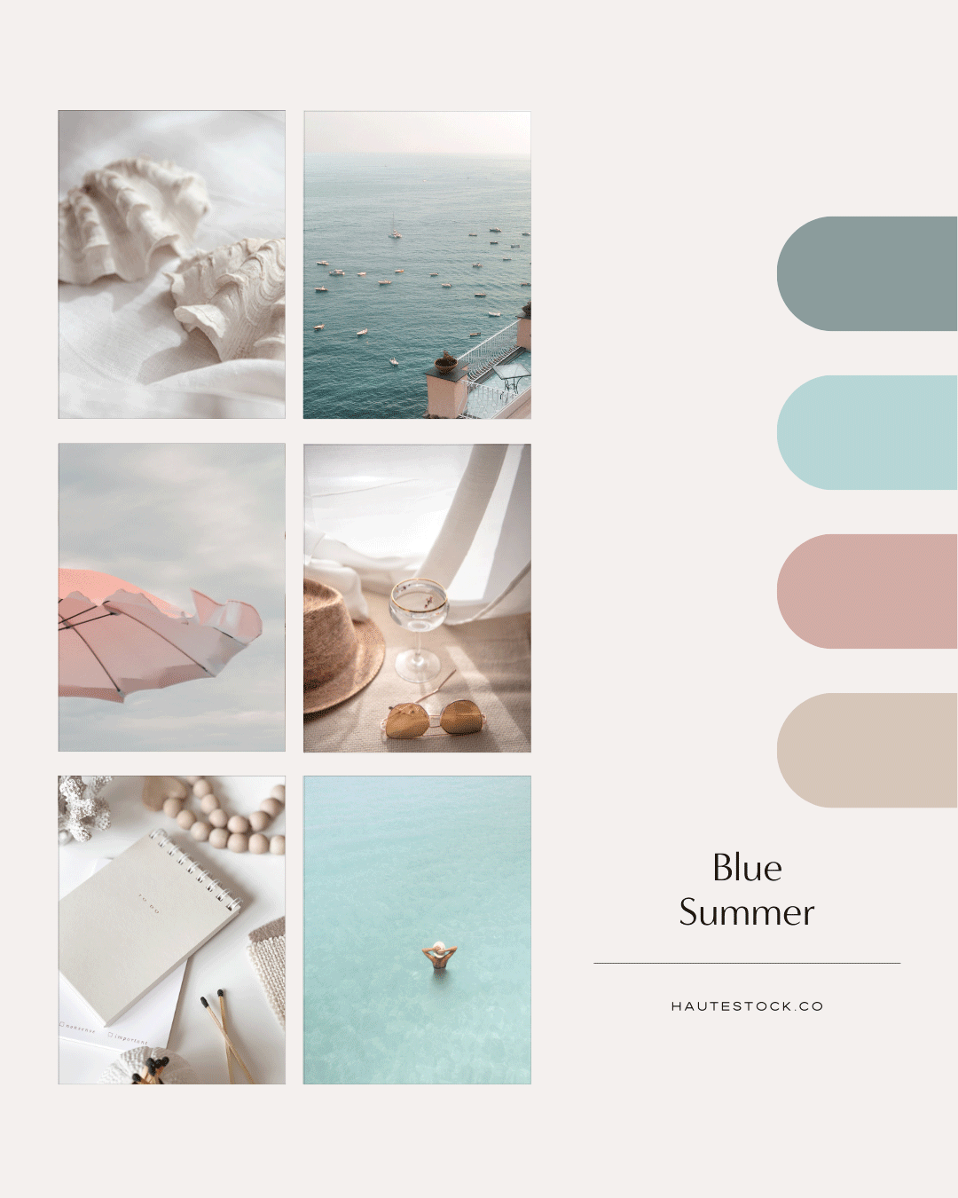 Soft color palette summer and travel lifestyle stock photography brand boards.