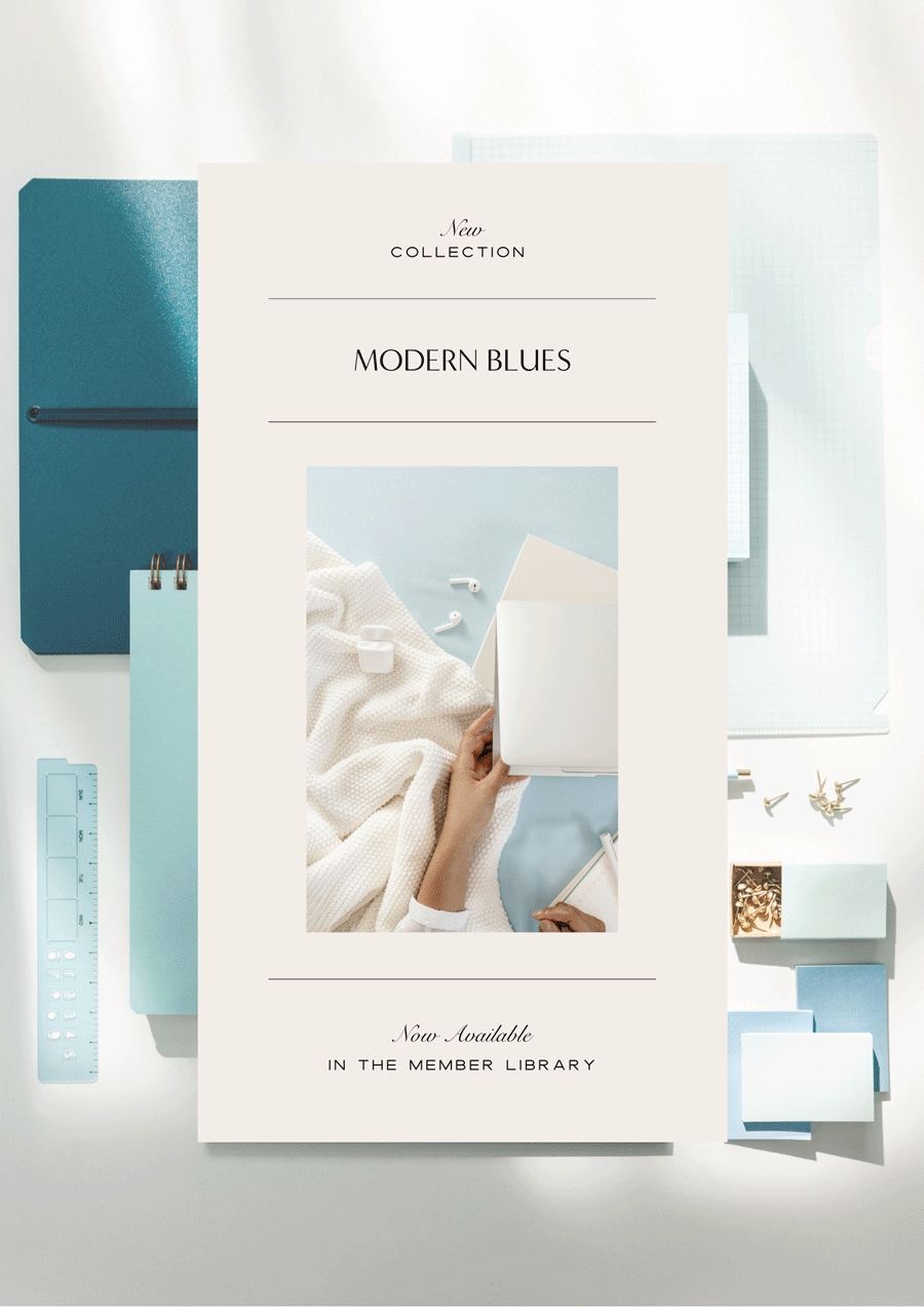 Modern Blues collection brand board from Haute Stock featuring blue office & workspace imagery for coaches and creatives.