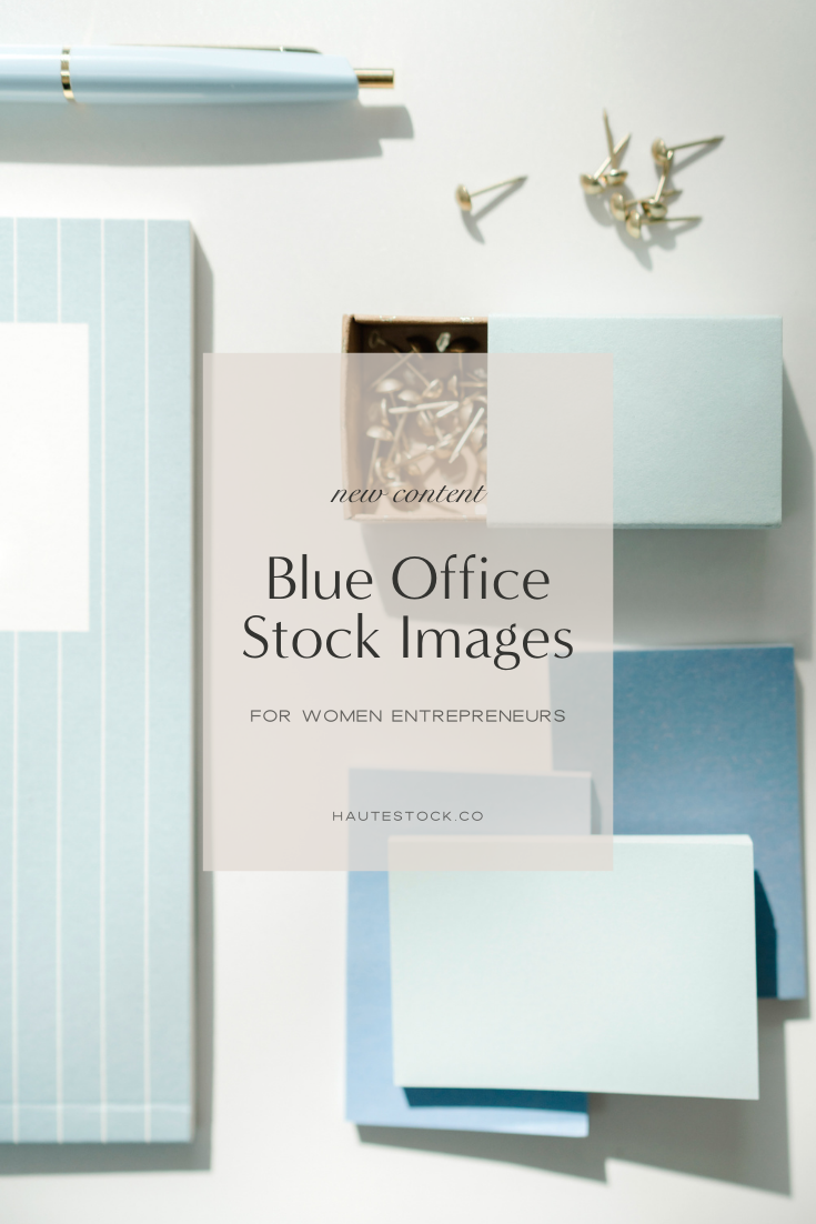 Blue office styled stock photography from Haute Stock featuring flatlay of office supplies: push pins, pen, notebooks and sticky notes.