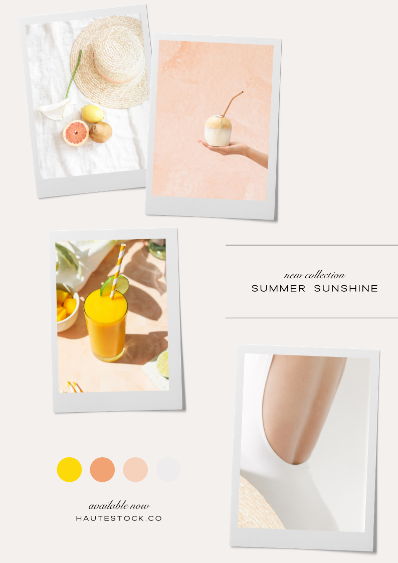 Haute Stock's brand board for Summer Sunshine styled stock photography Collection in oranges, yellows and pinks for women entrepreneurs.
