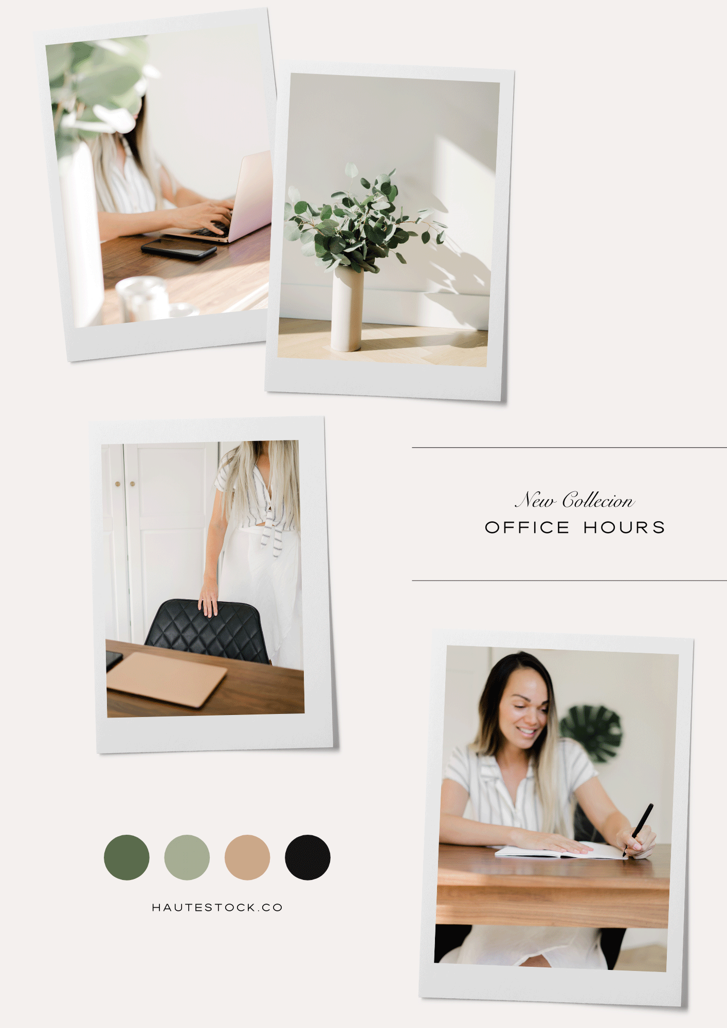 Blue, green & neutral work from home stock photography brand board featuring images of mom life, entrepreneur life and dog mom life.