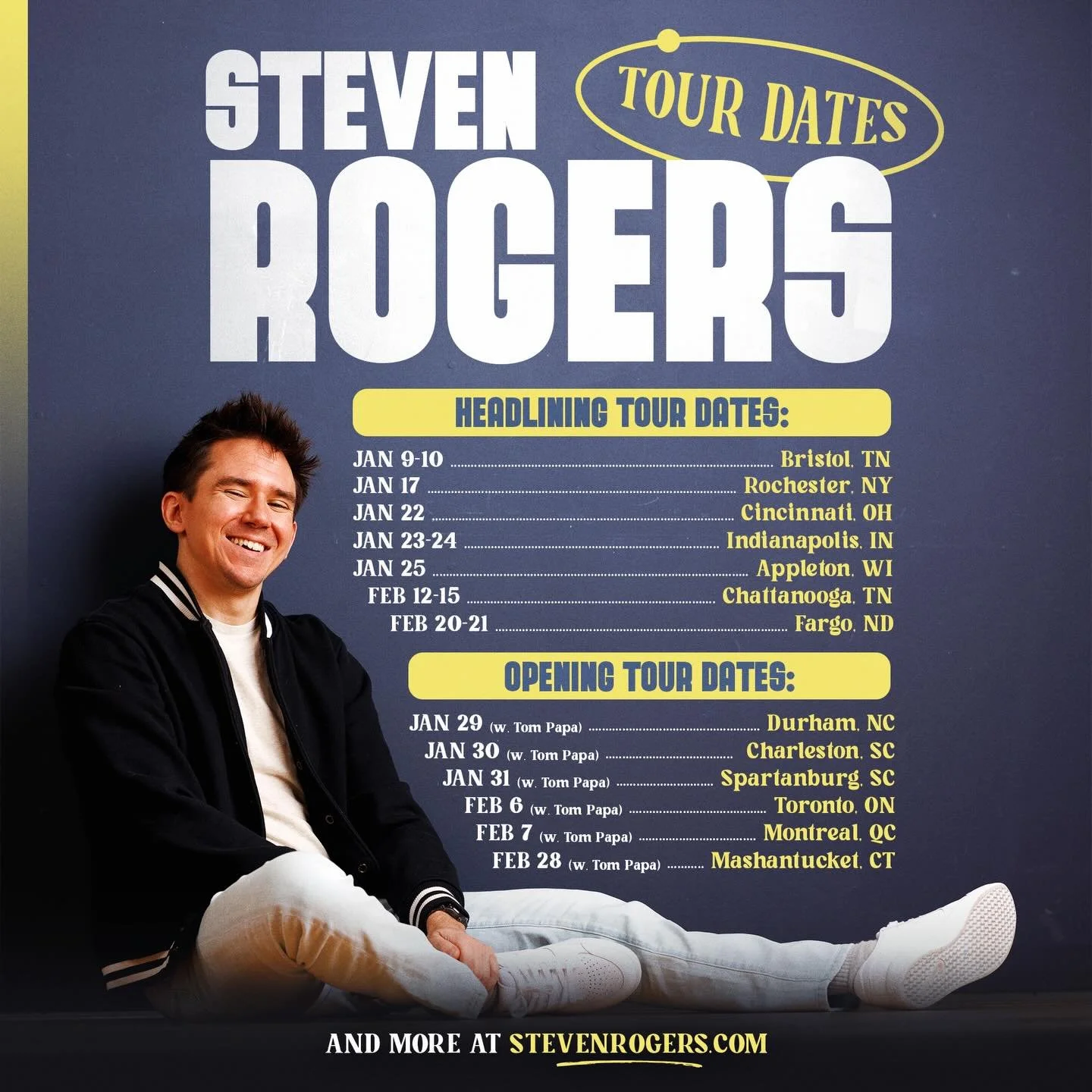 Come see me talk live! All these places have comfortable chairs. Treat yourself. Anyways, tickets in bio. I love you, you don&rsquo;t have to say it back.
📸@johnandhiscamera 
#standupcomedy #stevenrogers #tour #comedian