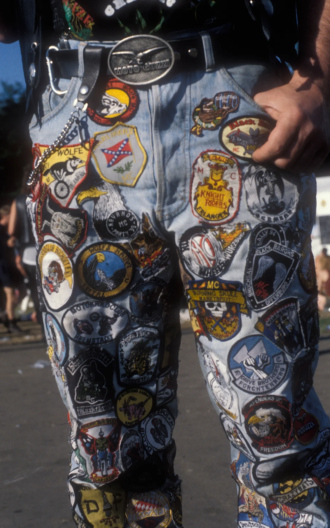 Biker with patches on his jeans, UK 1990s . © Ted Polhemus / PYMCA