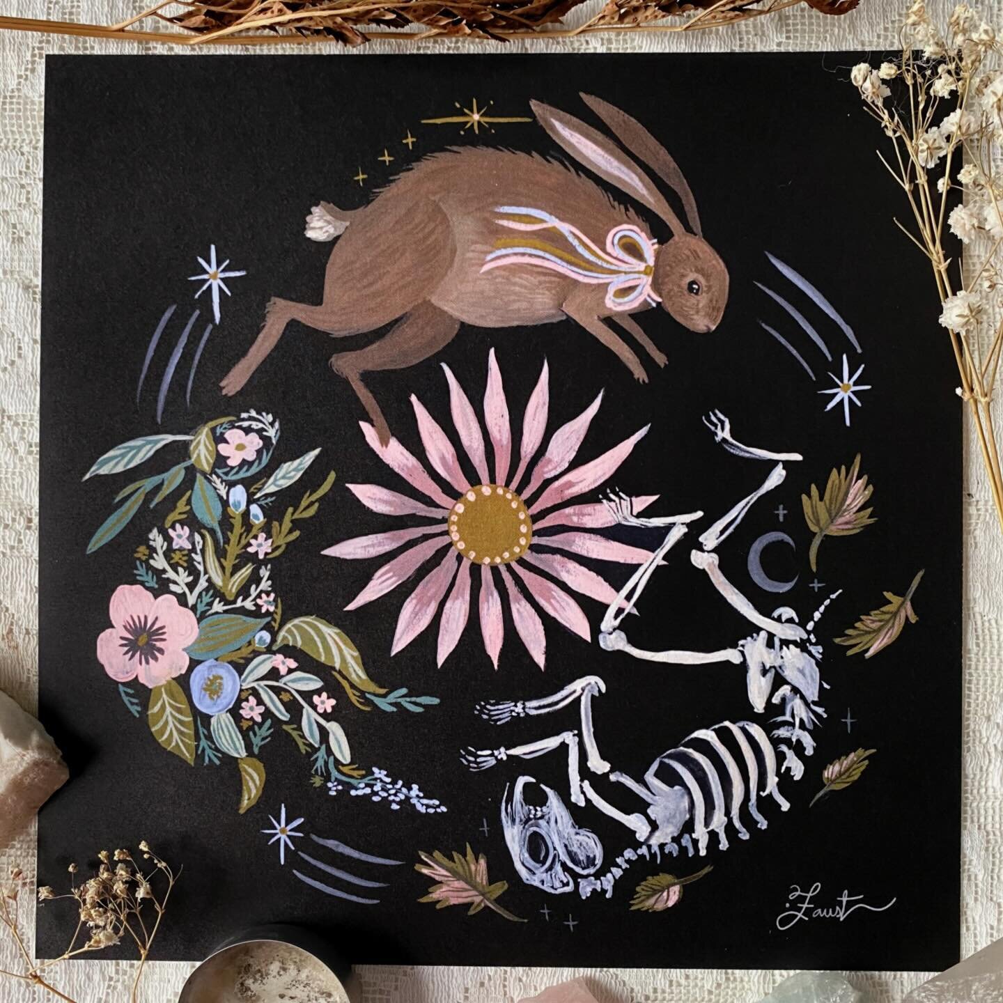 Just did a big restock of this much beloved 𝑪𝒊𝒓𝒄𝒍𝒆 𝒐𝒇 𝑳𝒊𝒇𝒆 print🐇🌷💀, right in time for spring!🌞🌿✨

What phase of this cycle are you currently in? I feel like I&rsquo;m at the tail end of the skeleton phase.. with a couple little spro
