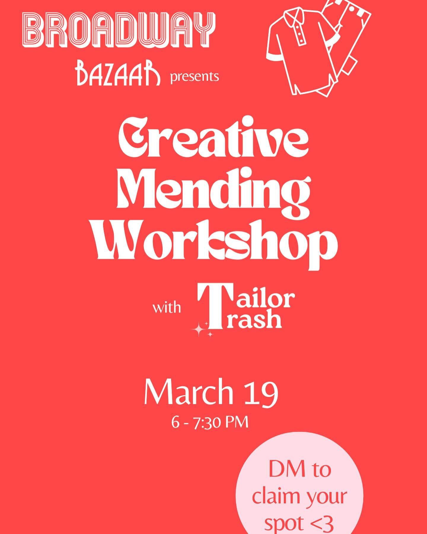 We are having a Creative Mending workshop @broadwaybazaarvtg ! For this first workshop I&rsquo;ll be focusing on covering up small holes and stains with creative embroidery. This workshop is great for beginners and experts! Cute date night as well. D