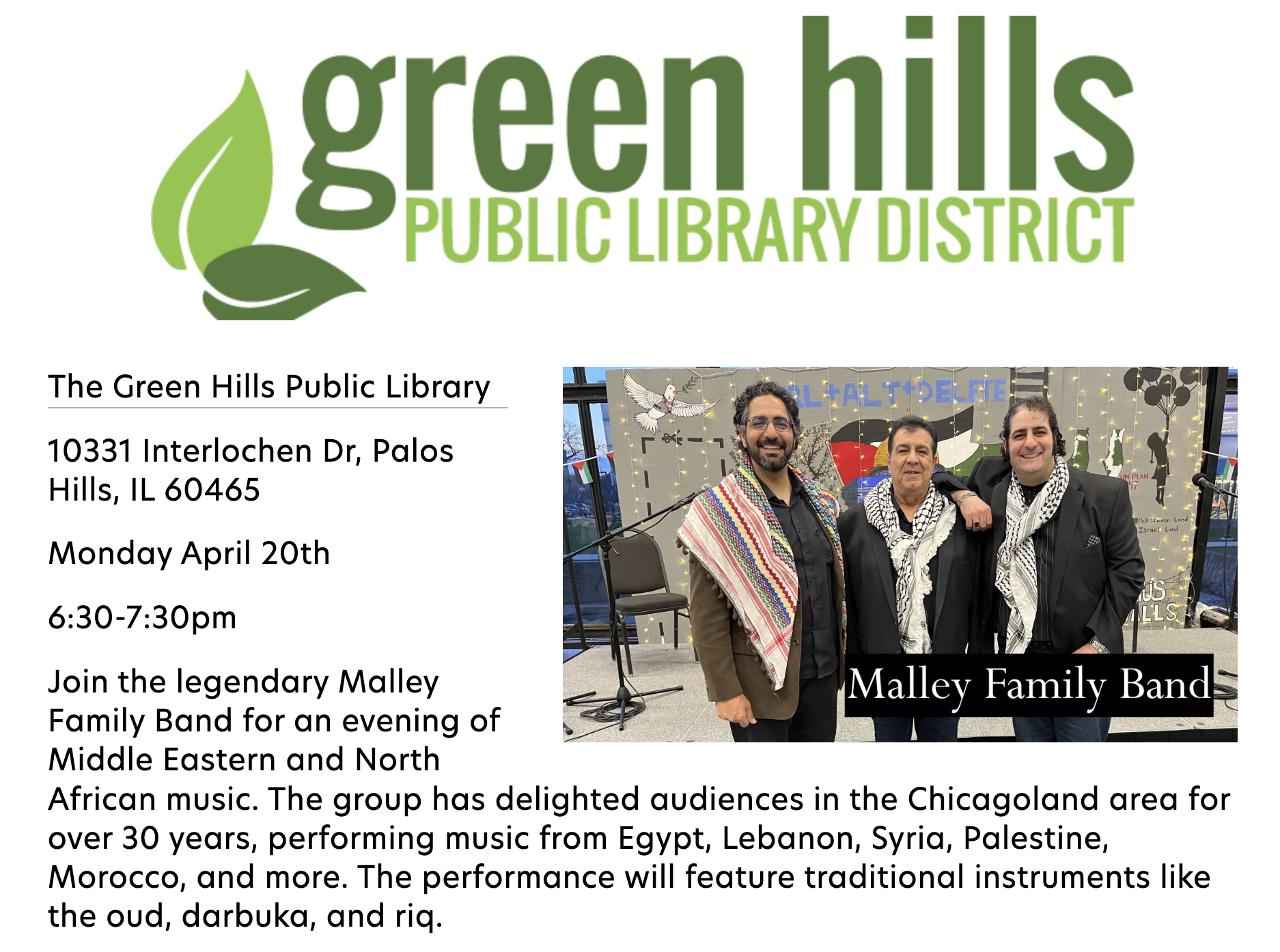 April 20th Music of the Middle East and North Africa with the Malley Family Band