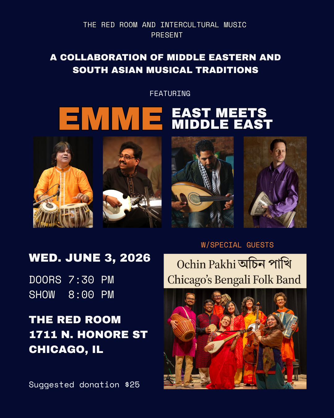 Wed June 3rd EMME (East Meets Middle East) and Bengali folk band Ochin Pakhi at Red Room