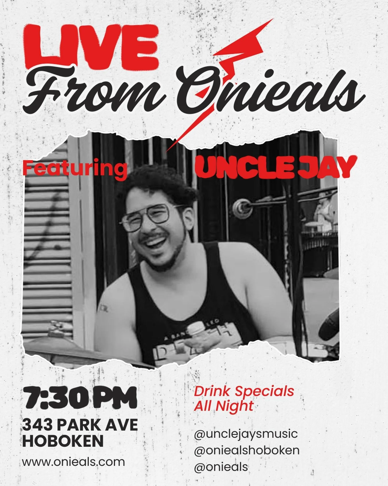 @unclejaysmusic LIVE TONIGHT FROM @oniealshoboken! Wine Down Wednesday wine specials all night!!