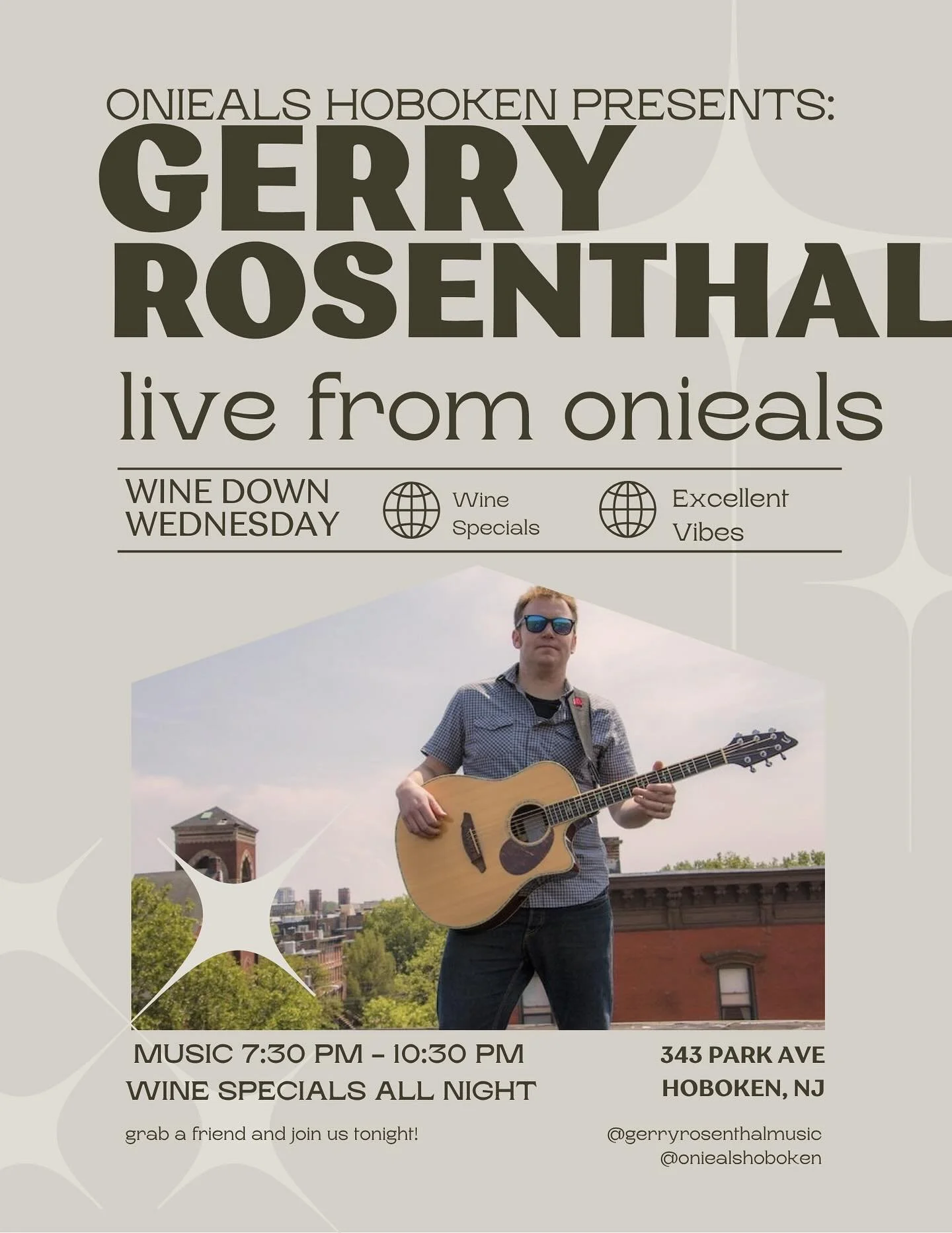 Wine down with @gerryrosenthalmusic live tonight at @oniealshoboken #winespecials all night long! 🍷 🎶