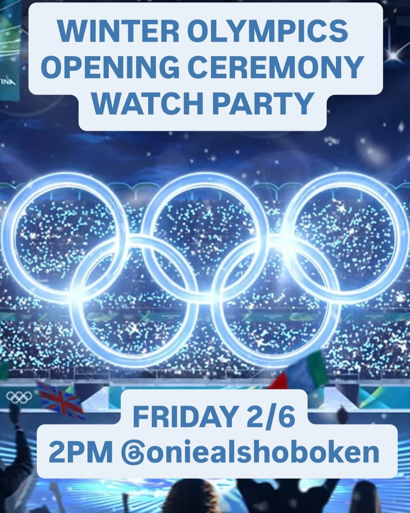 Catch the #winterolympics @oniealshoboken!!! 🏂🎿🛷⛷️⛸️🏒🥌🥇🥈🥉
