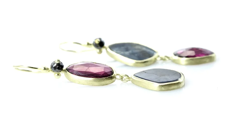 Garnet and sapphire mis-matched double dangles with black diamonds and 18k gold