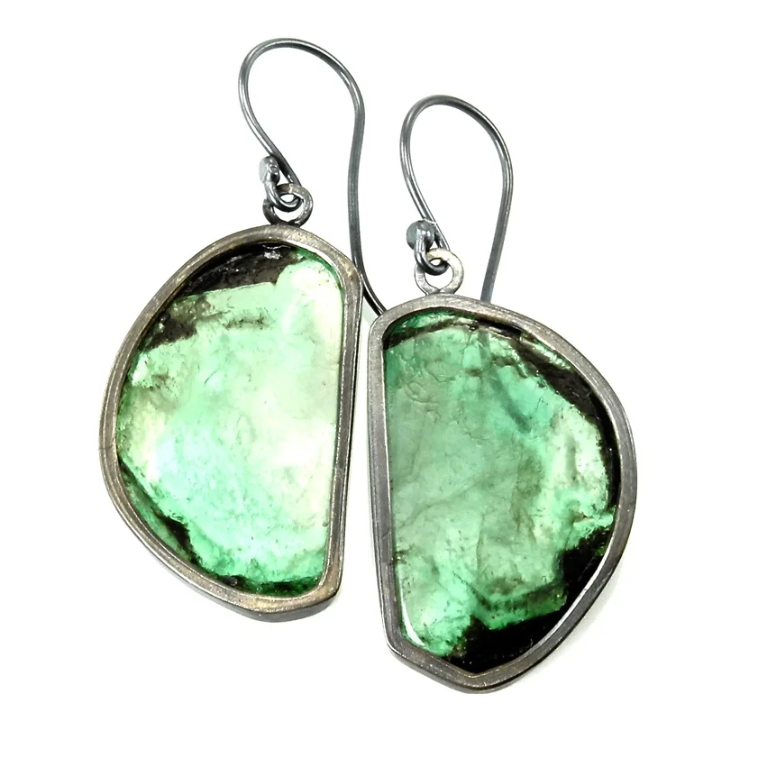 Emerald slice dangles with oxidized sterling silver