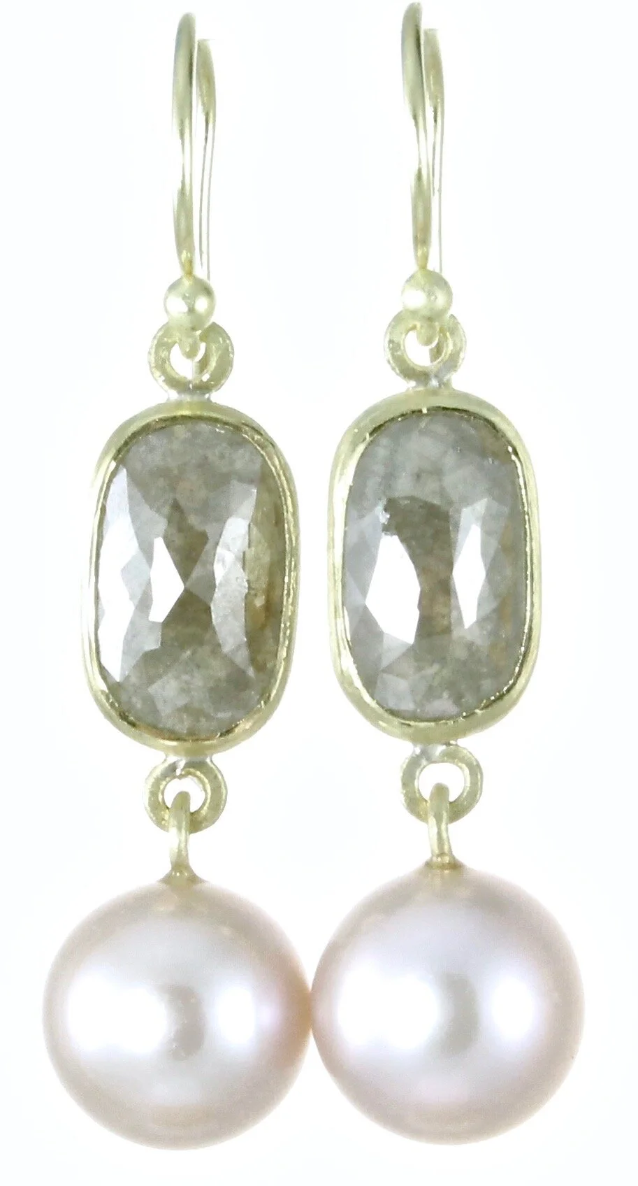 Gray diamond and pink Tahitian pearl double dangles with 18k gold