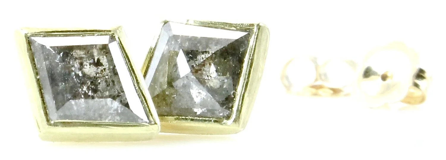 Salt & pepper kite diamond stud earrings with 18k gold