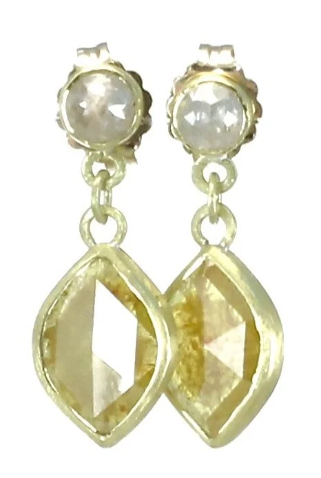 Yellow and gray diamond double dangle earrings with 18k gold