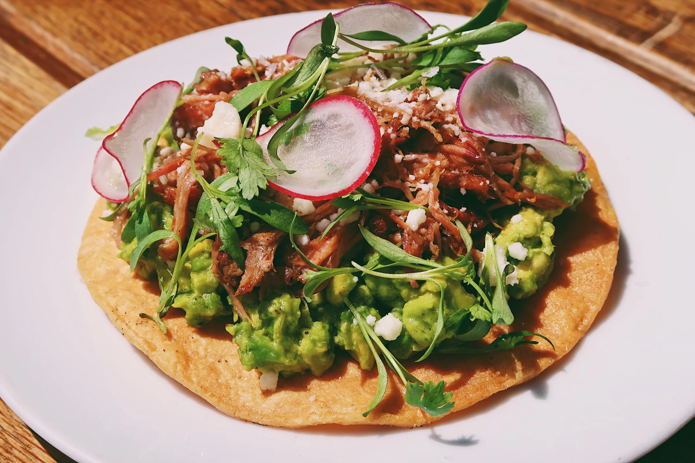 Pulled Pork Tostada - Barrel & Ashes, Los Angeles Photo by Joey Salmingo