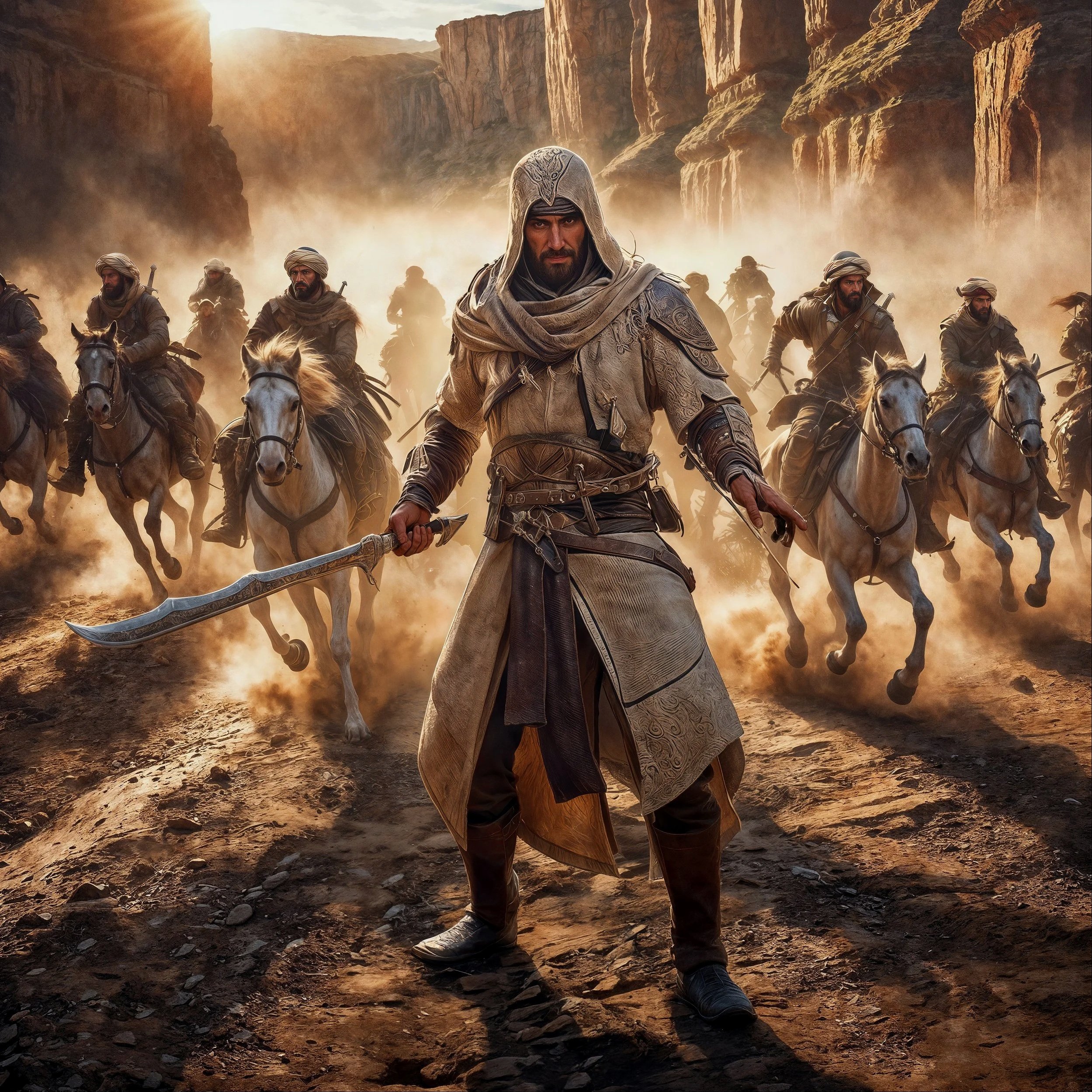 A man dressed as an ancient warrior, wearing detailed armor and a hood, leads a group of horseback riders through a dusty canyon at sunset. The scene is dramatic with orange and golden lighting, and towering canyon walls in the background.