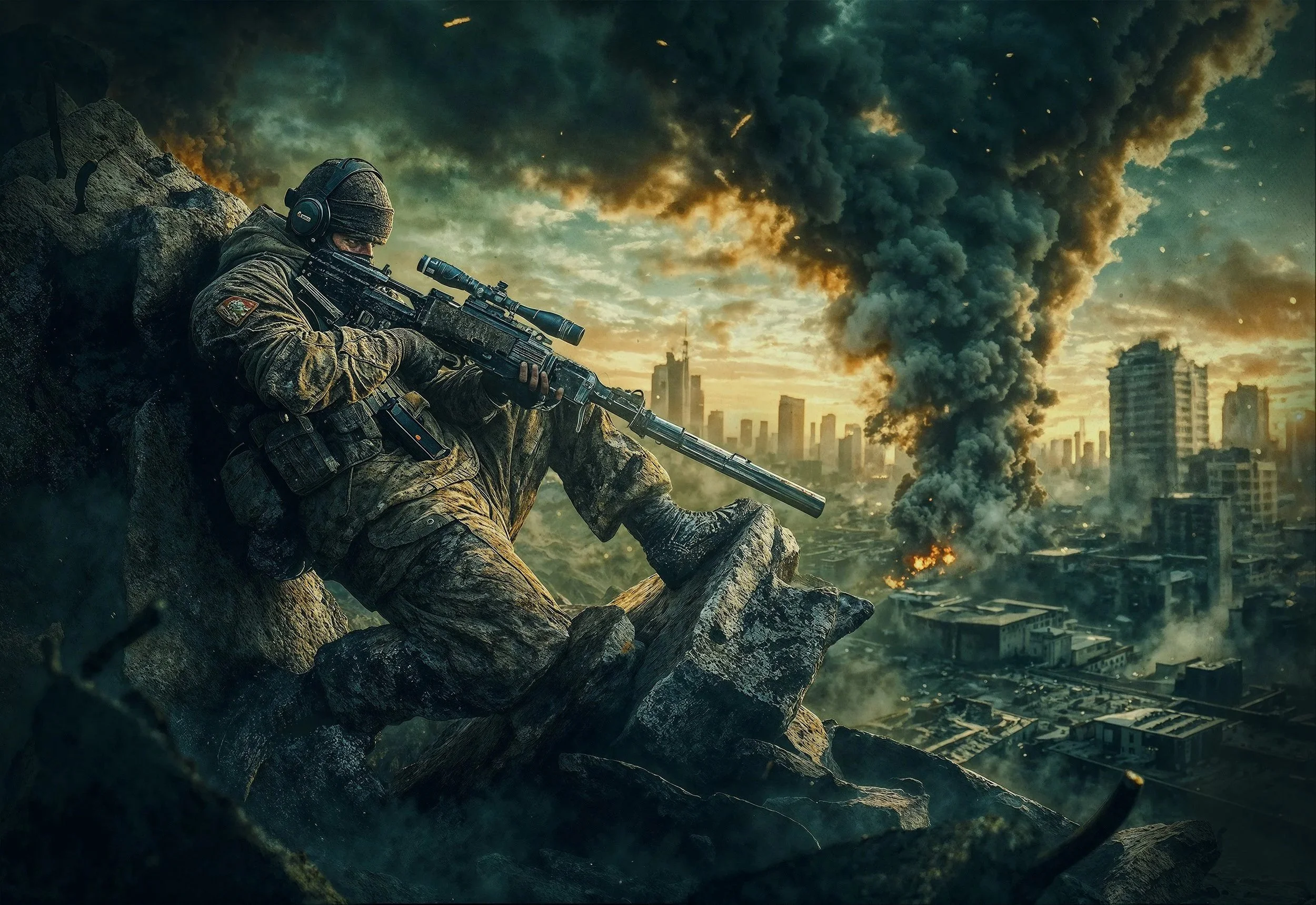 Soldier wearing camouflage gear and a helmet, aiming a sniper rifle from atop a rocky ledge in a war zone with city buildings and large smoke plumes in the background.