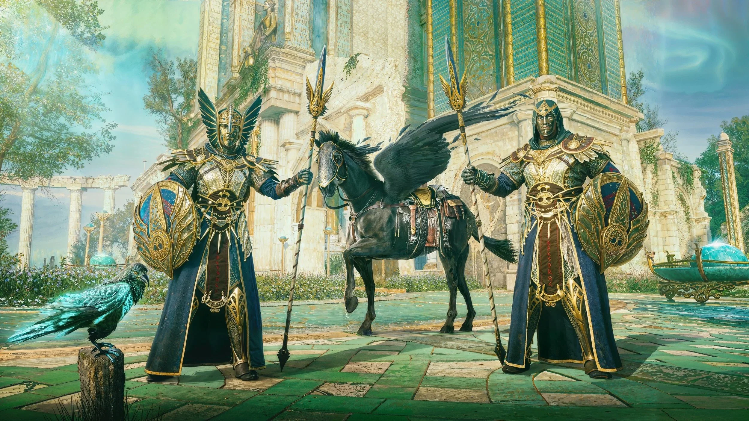 Two warriors dressed in ornate armor and helmets are holding spears and standing on either side of a black horse. The horse is rearing and is adorned with decorative armor. In the background, there are ancient ruins, trees, a peacock walking on the g