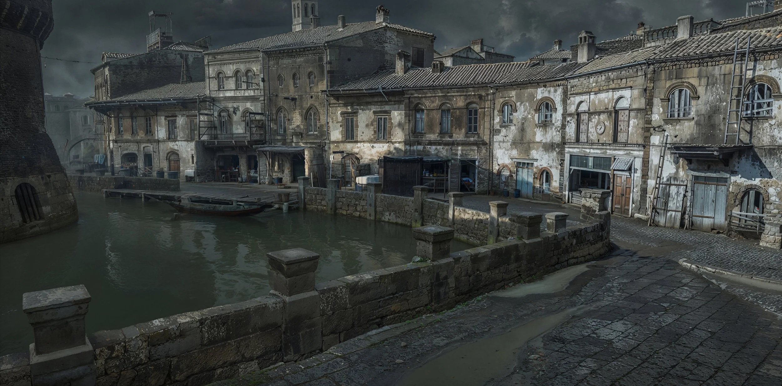Old stone buildings along a canal with a boat docked, under dark cloudy skies, in a historic riverside city.