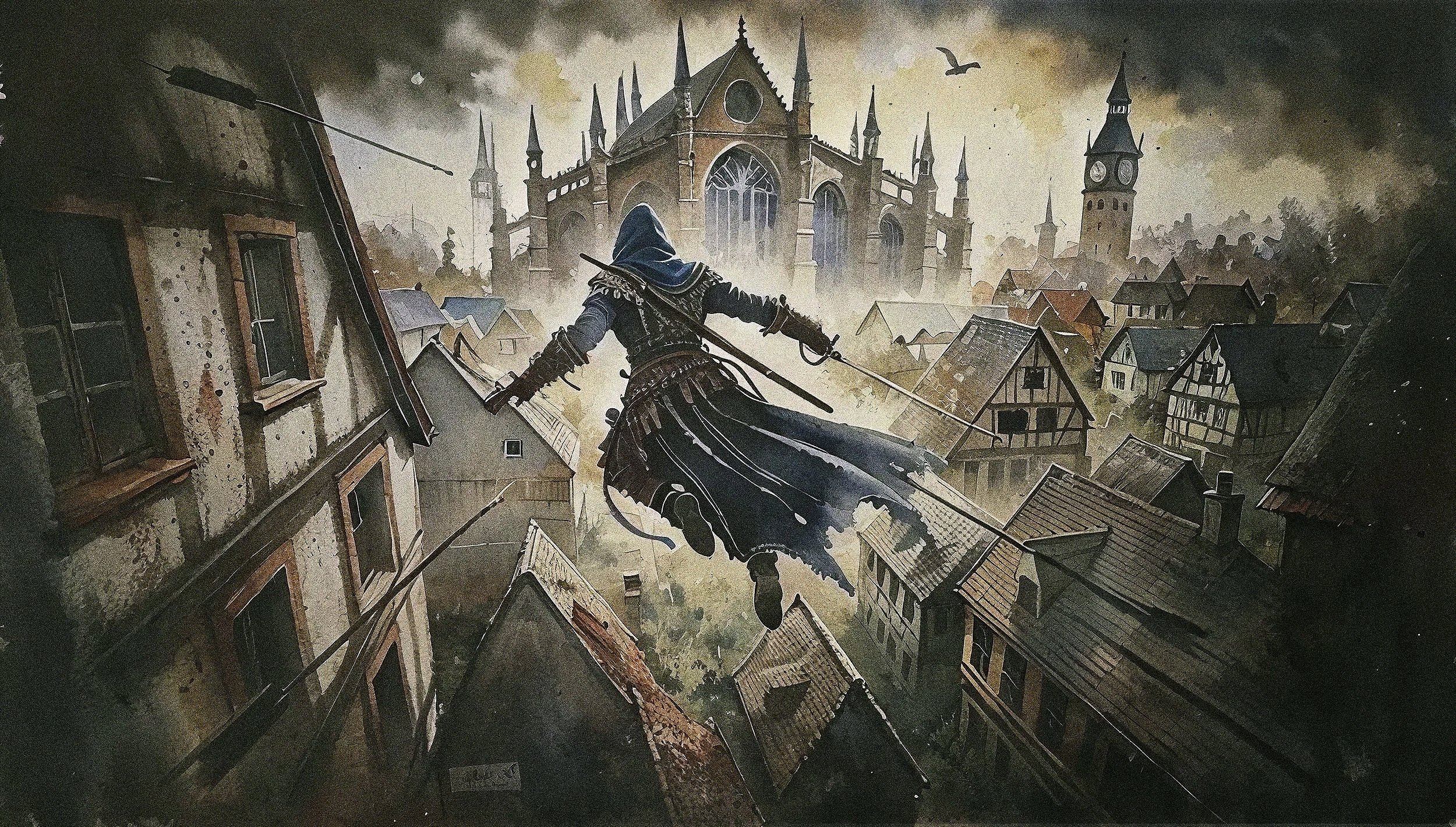 A character dressed as an assassin from Assassin's Creed standing on rooftops in a medieval town with a large gothic cathedral in the background.