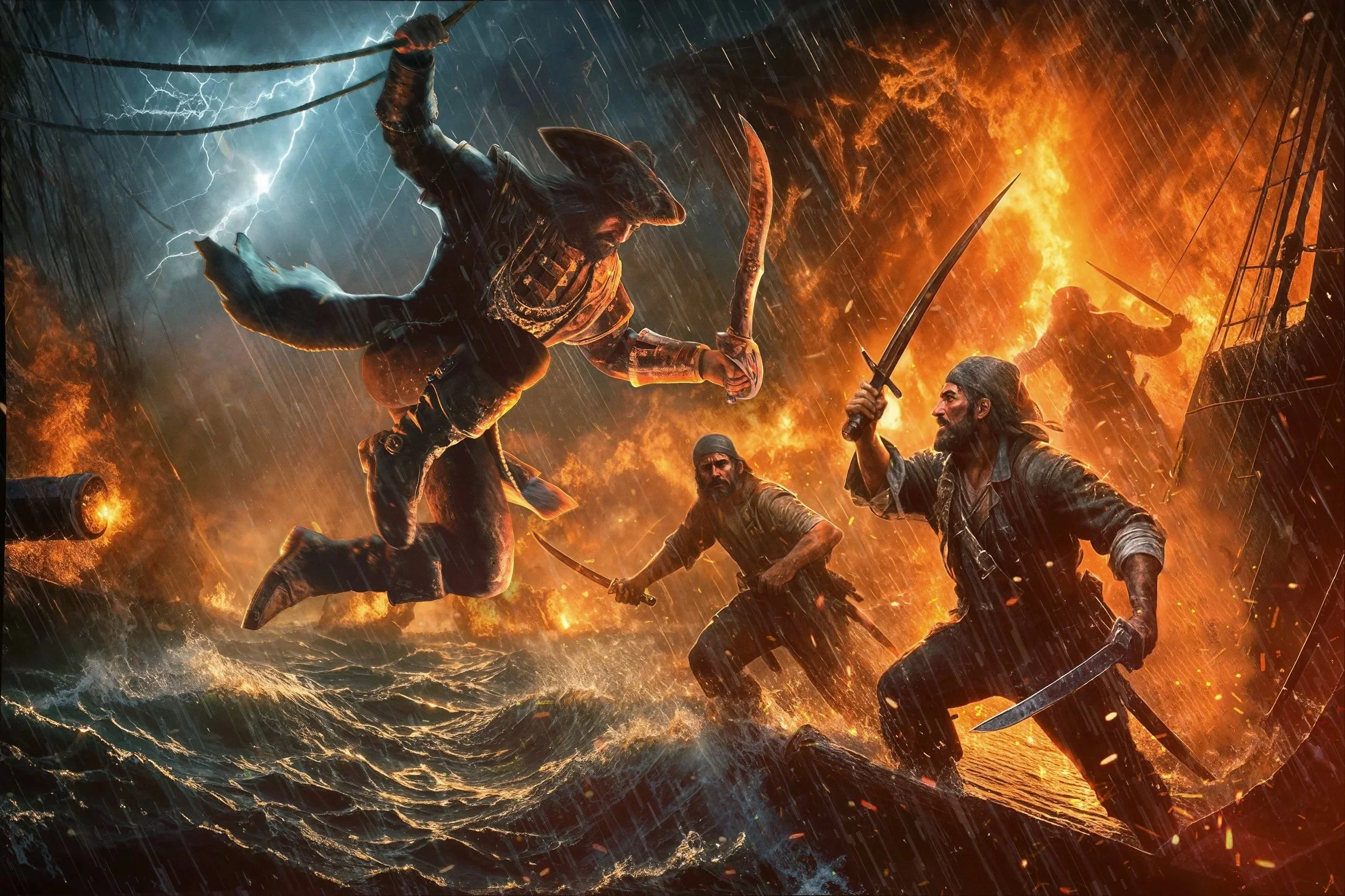 A pirate fighting off enemies during a stormy scene with lightning, rain, and fire, holding a sword and a knife.