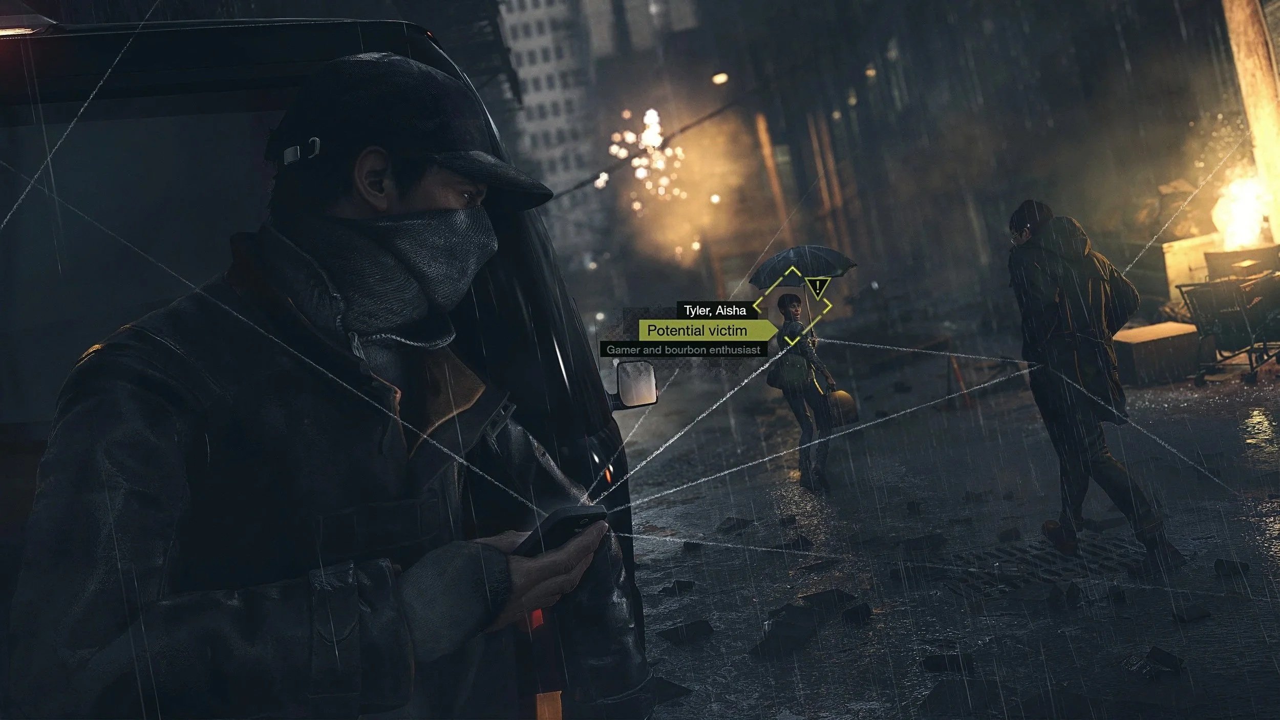A person wearing a mask and cap looking at their phone on a rainy city street at night, with a fire burning in the background, and a person walking with an umbrella labeled 'Potential victim' and another labeled 'Gamer and bourbon enthusiast.'