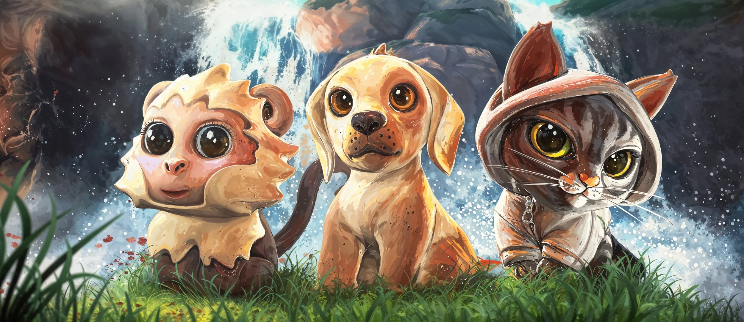 A digital painting of three animals with animal-like faces, standing on grass in front of a waterfall and flowing water.