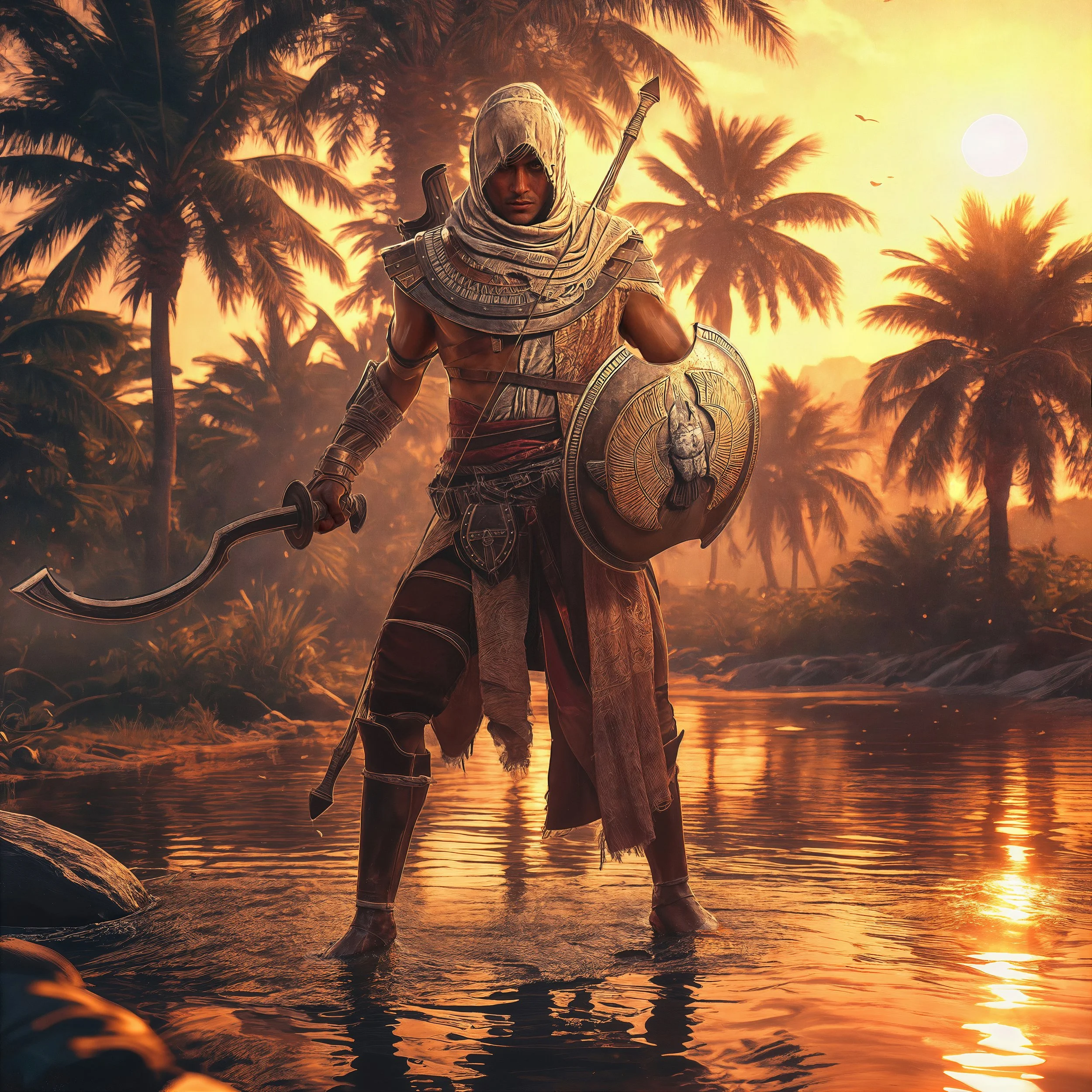 A man dressed as an ancient warrior, holding a shield and a sword, standing in water during a sunset with palm trees in the background.