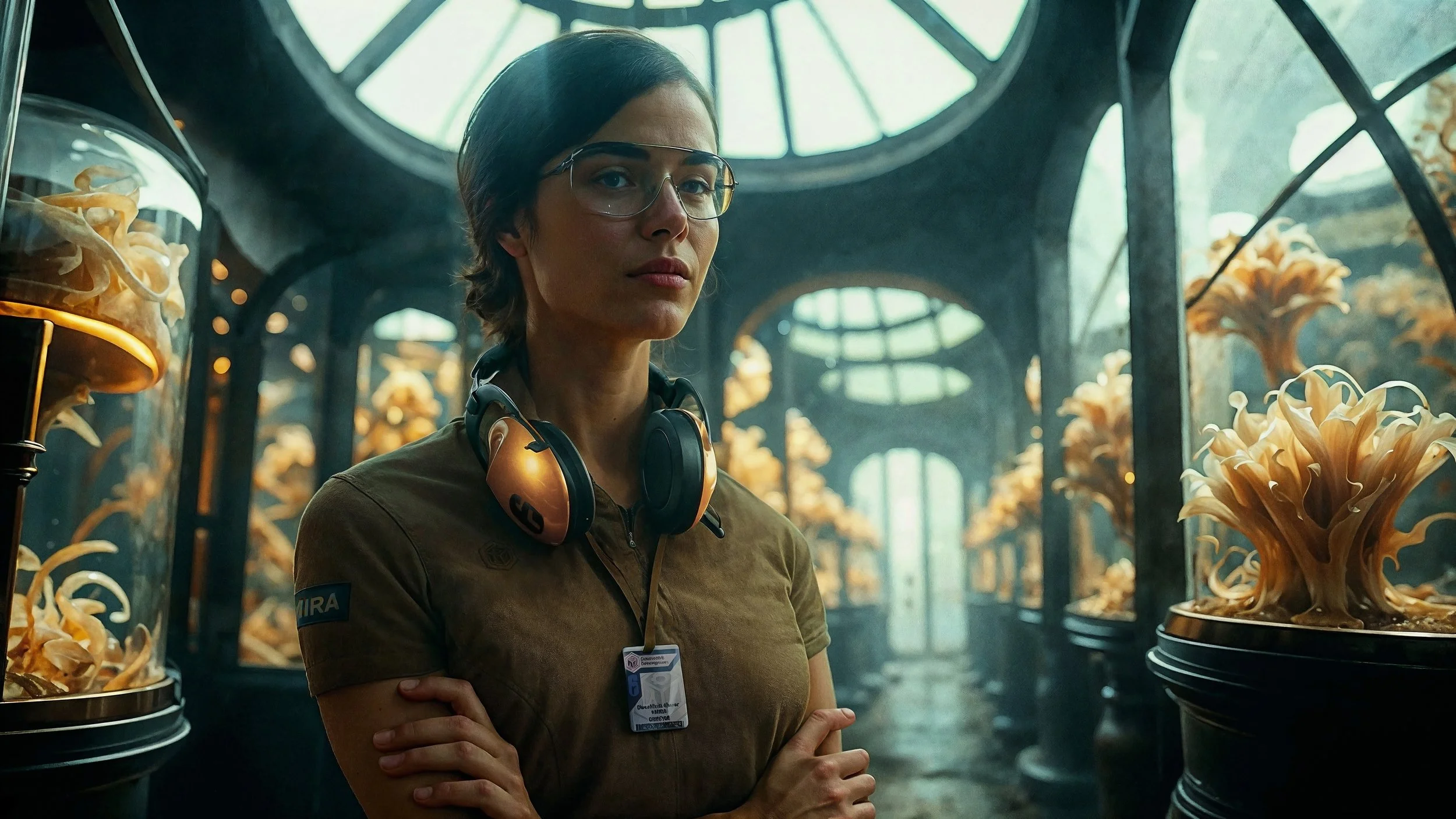 A woman wearing safety glasses, headphones around her neck, and a brown shirt with a name badge standing in an exhibition hall with glass cases containing yellowish coral-like objects.